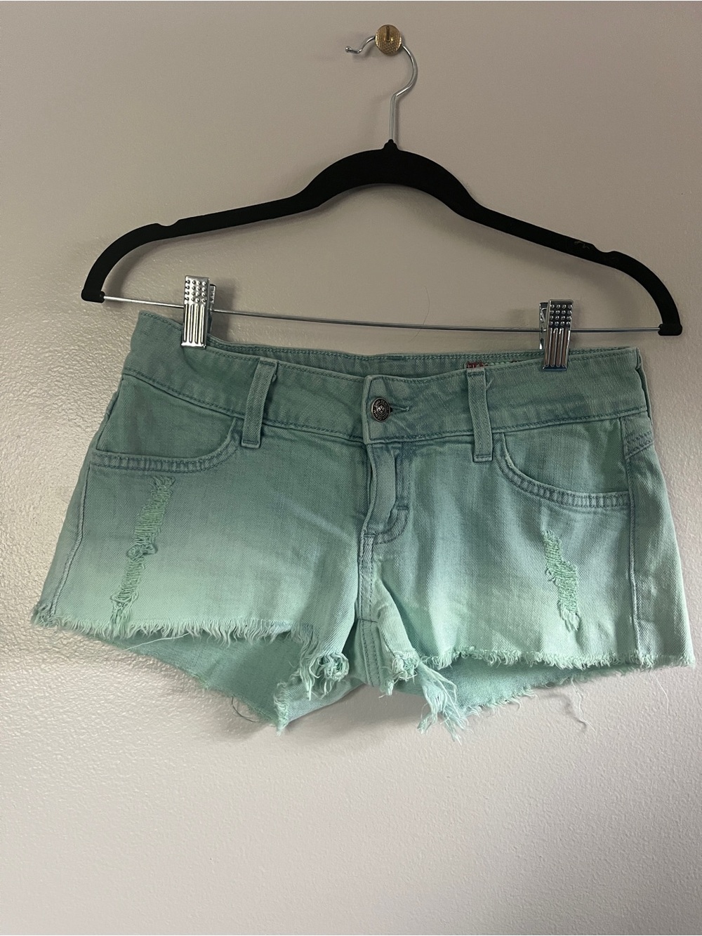Siwy Mint Green Distressed Denim Cutoff Shorts, low rise, size 25